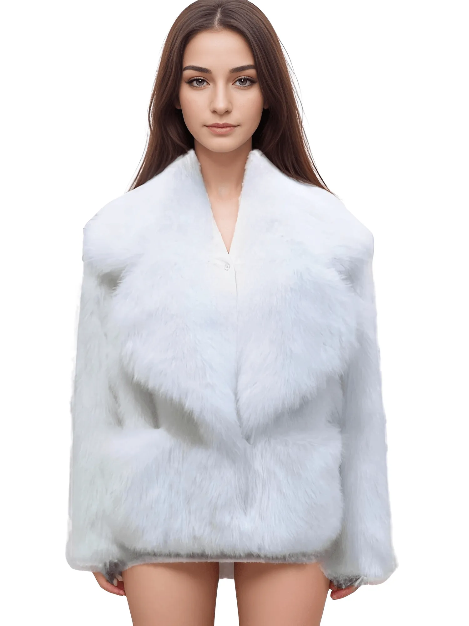 Women's Short Pink Faux Fur Coat With Big Collar and Pockets Fluffy Jacket For Women