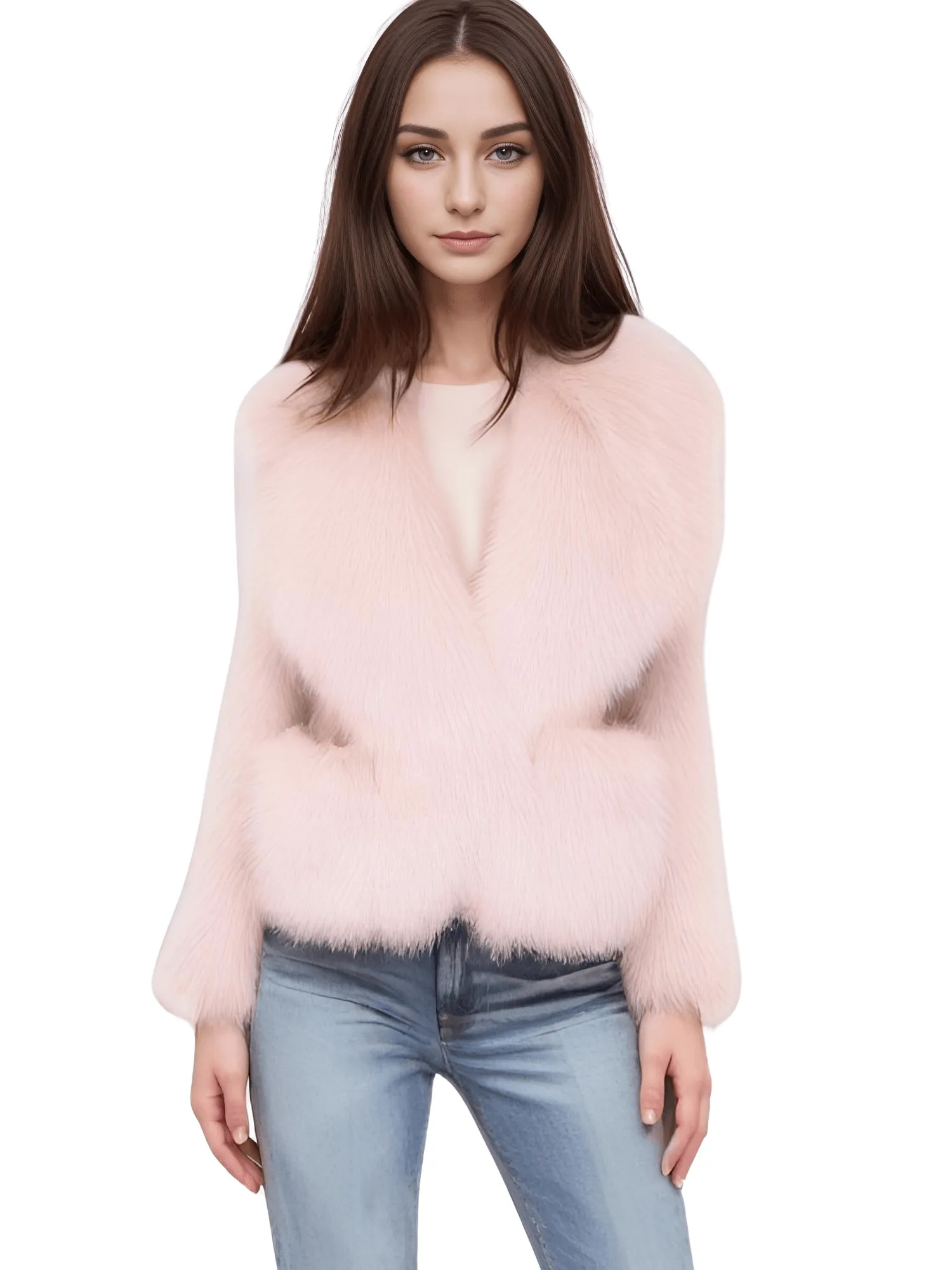 Women's Short Pink Faux Fur Coat With Big Collar and Pockets Fluffy Jacket For Women