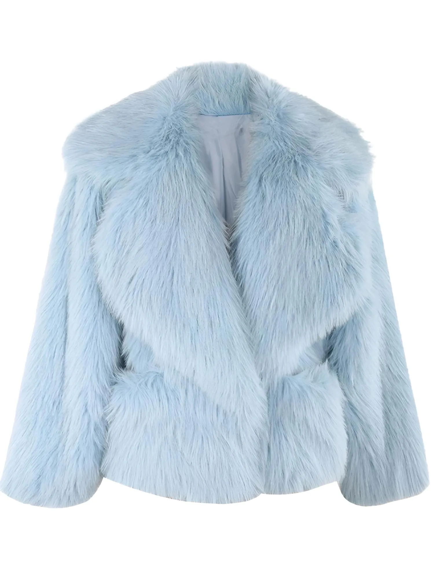 Women's Short Pink Faux Fur Coat With Big Collar and Pockets Fluffy Jacket For Women