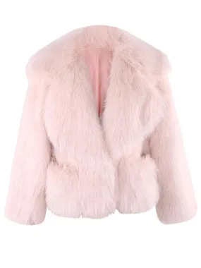 Women's Short Pink Faux Fur Coat With Big Collar and Pockets Fluffy Jacket For Women