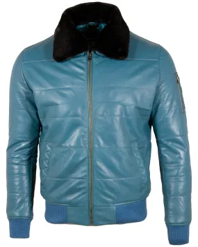 ZADV Men's Puffer Fur Aviator Bomber Jacket - Denim Blue